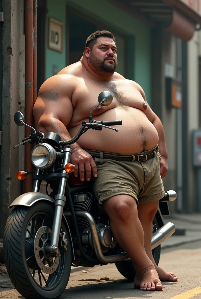 side vive, fat, stocky man shirtless and wearing boxer shorts, he is leaning on a honda broz 160 motorcycle
