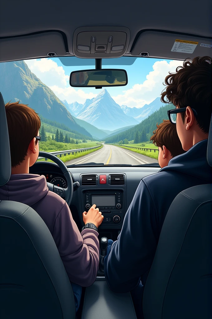 Mountains road, a car inside view, a driver driving the car, 2 people sit on backseat, one boy sit beside driver seat, driver wearing black hoodie, curely hair, eyeglasses, watch