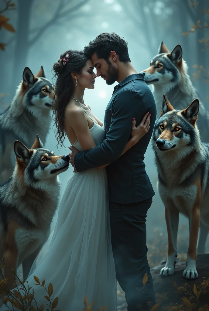 love story, handsome couple dark man, beautiful woman and in the middle of the couple a with wolves around