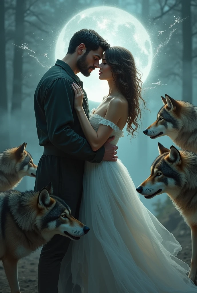 love story, handsome couple dark man, beautiful woman and in the middle of the couple a with wolves around