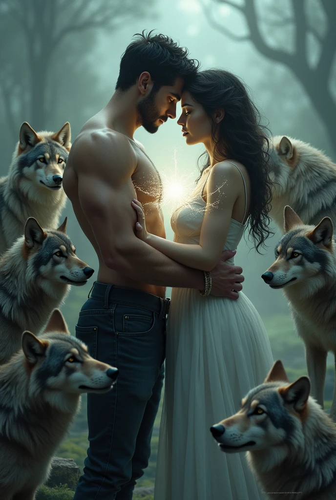 love story, handsome couple dark man, beautiful woman and in the middle of the couple a with wolves around