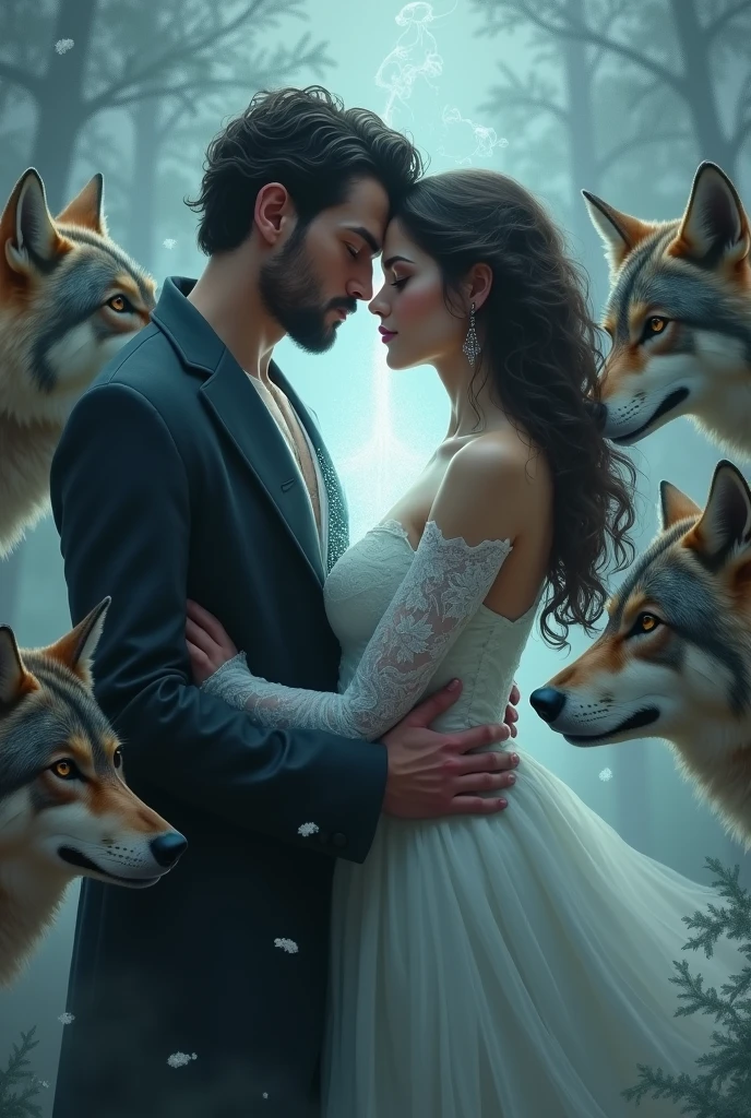 love story, handsome couple dark man, beautiful woman and in the middle of the couple a  with wolves around 