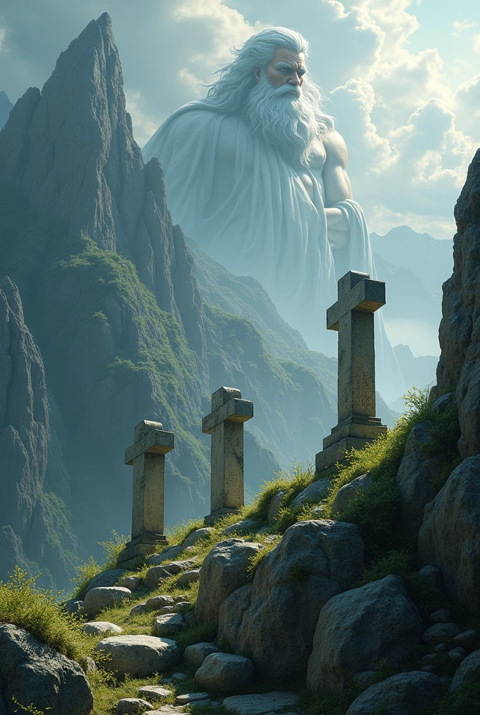 Three grave yard on top of a mountain while zeus is looking from the sky