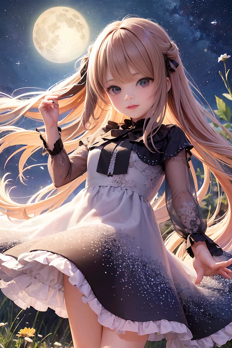 A girl on a meadow,Stars twinkling in the sky,Shining Star,milky way,full moon,I look up and see,Wildflowers are in full bloom,Pure World,masterpiece,Highest quality,最高masterpiece,Detailed anime art,Digital Art,