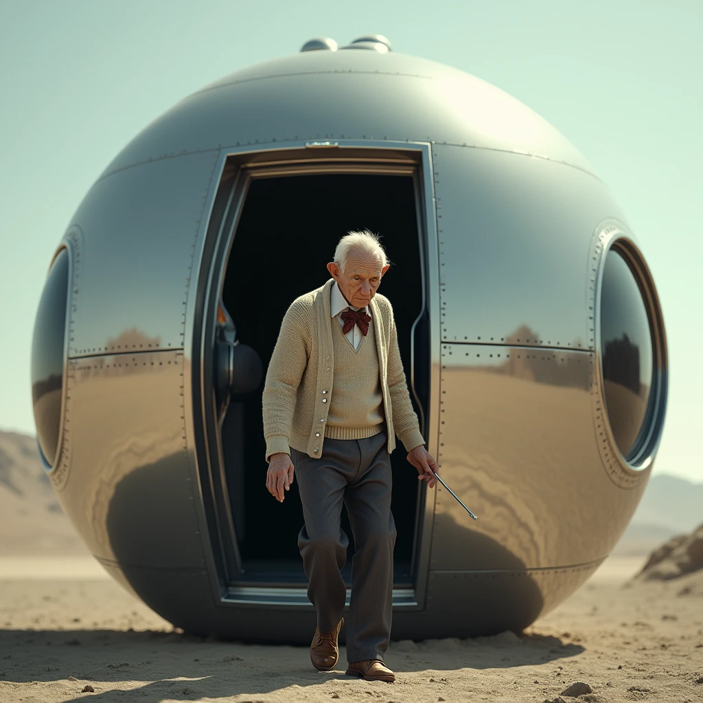 frail old man, cardigan sweater, bow tie, dark pants, brown shoes, stepping out of a very large mirrored spherical spacecraft, photo realistic