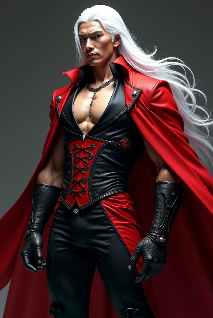 Asian man with long white hair and no beard, wide back, well-built, tall dressed in a red and black corset and a body-hugging dress suit.