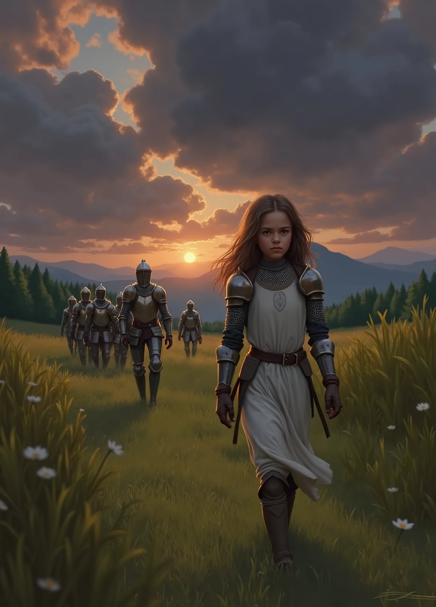 In a green meadow stands a girl leading a group of knights.
BREAK
With a brave expression, she guides them towards their destination.
BREAK
Behind her, a green forest stretches out and beyond that, mountains rise in the distance.
BREAK
The most suitable effect for this scene would be a watercolor painting technique to capture the softness of the meadow and the fluidity of the movement.