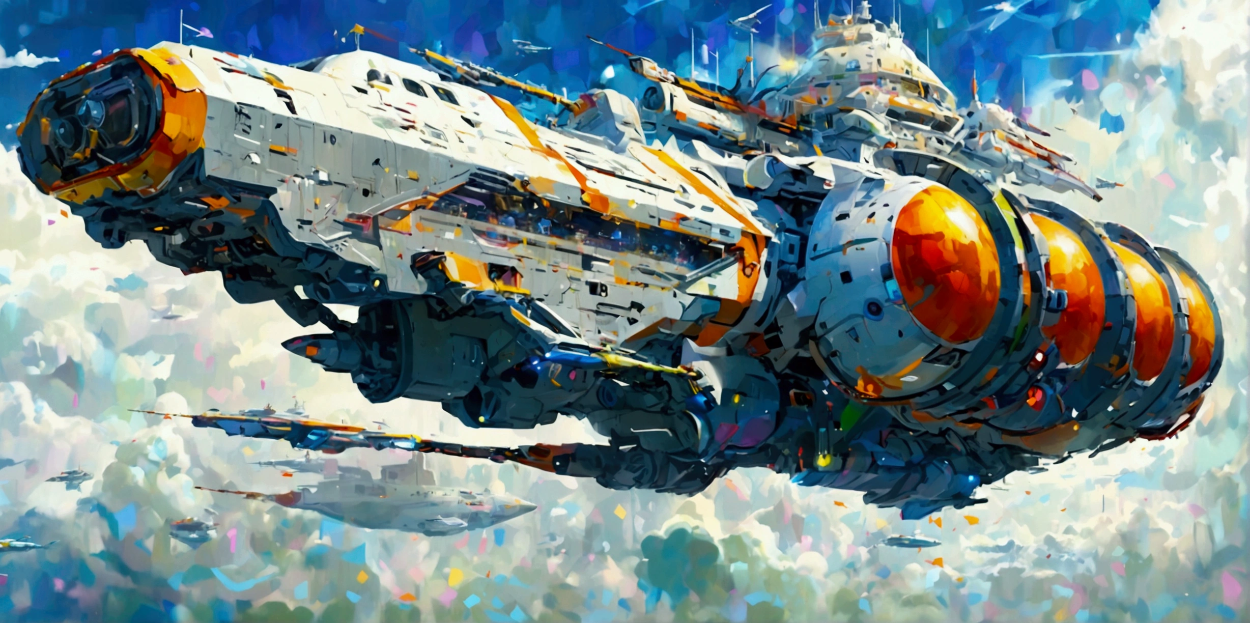 A long wide giant heavily armored divine futuristic flying all terrain biomechanical space battleship covered in rainbow batik pattern and glowing javanese runic symbols, (multiple retractable cybernetic spider legs with wheels on the tips), divine halo, flying hovercraft, flying submarine, flying aircraft carrier, flying hotel, flying resort, flying city, flying skyscraper, flying cruise ship, flying yacht, flying castle, flying military base, multiple thrusters, multiple helipad, multiple propeller, mobile headquarters, mobile command center, automatic turrets, missile banks, missile defense system, multi-port rear engine arrays, large pivoted missile pods, anti-air batteries, reactive armour over vital spaces, VTOL thrusters, ventral ground-facing VTOL thruster bays, retractable center cannon, super carrier, sky carrier, space station, floating city, floating castle, white background