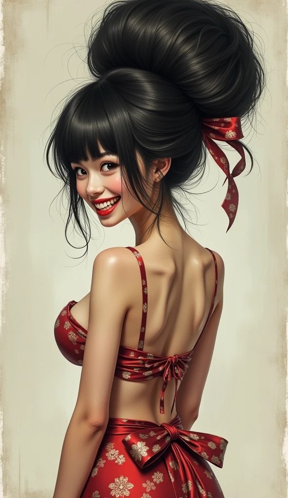 Pretty Japanese girl, Hair Bun,((very huge hairbun)),((the size of hairbun is 8 times size of the head)),Crazy Smile, Large breasts, Ribbon, looking back over shoulder