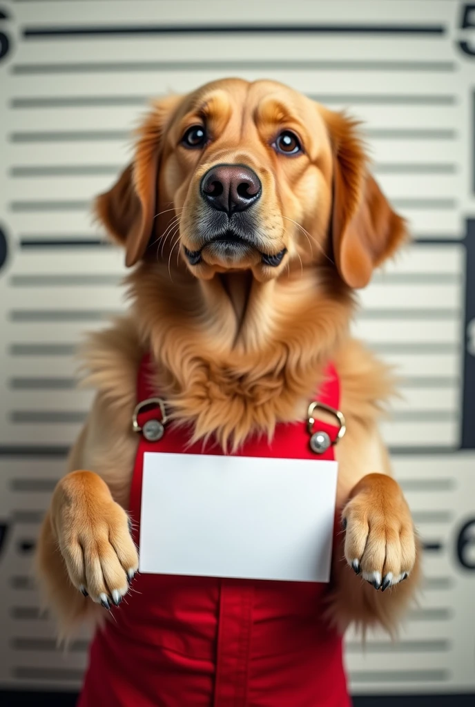 Golden retriever in red overalls taking photo sideways holding paper in police mugshot
