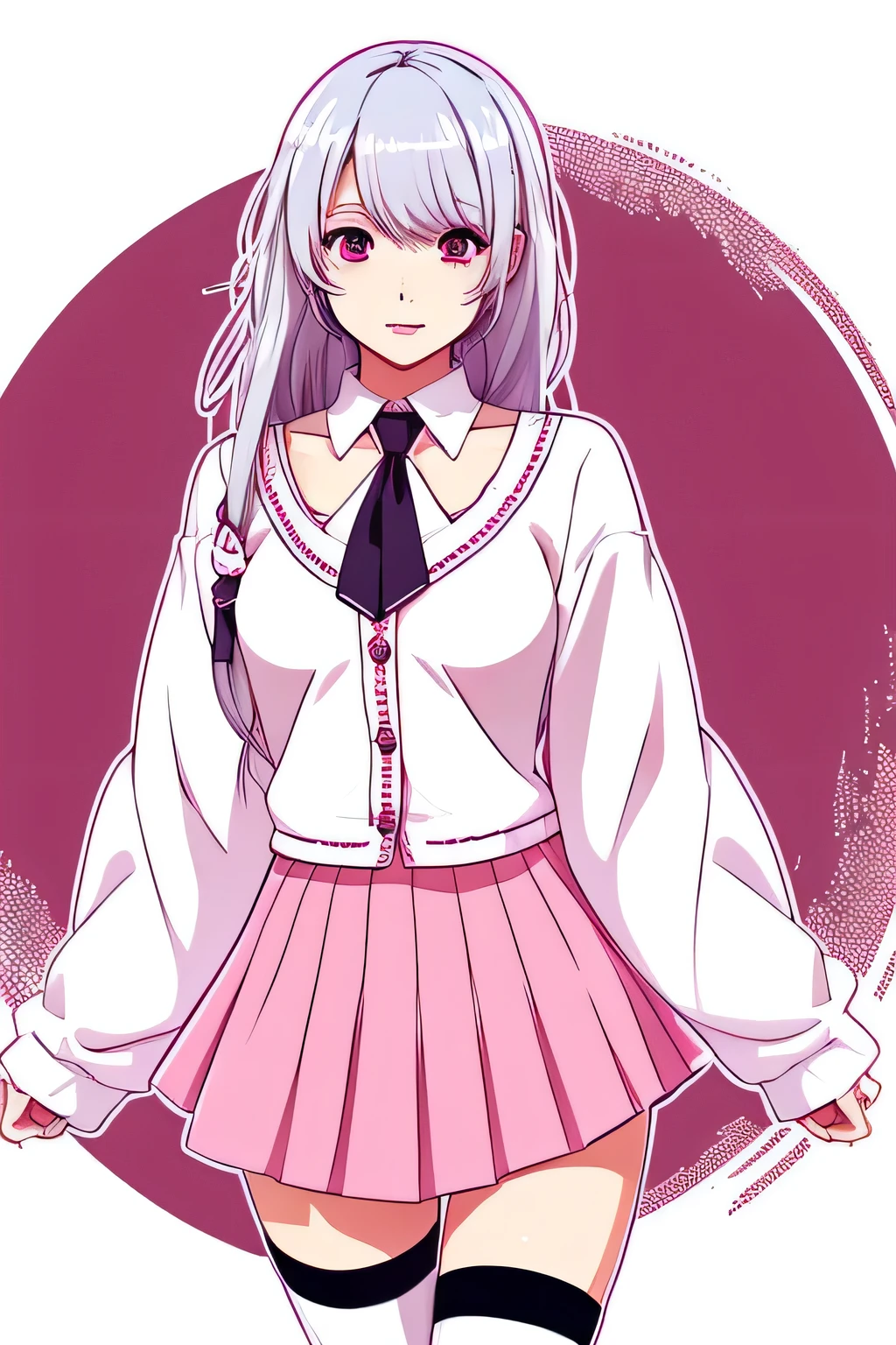 Illustration in Japanese anime style、Huge bust、White hair、hair length、White shirt、tie with pink ribbon、short black skirt、white knee socks、drooping eyes、Red eyes、pink cardigan