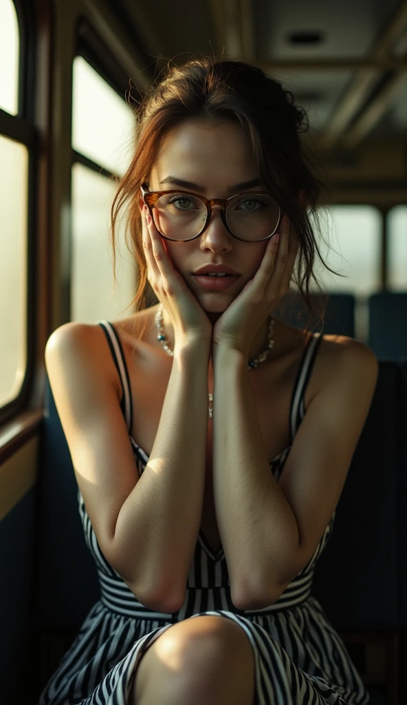 (Best quality, Ultra detailed, Golden ratio, Masterpiece:1.2), Theatrical lighting:0.7, Photo of a woman, dressed in a very elegant and pretty dress, Perfect rare face, (Highly detailed skin), randomly dyed hair, Hide your mouth with your hands、Ridicule, skin texture, Pale skin, shiny skin, (thin, large size:1.2), [:(Sharp focus on rare face, perfect eyes:1.2):0.2], photorealistic, film grain, Put one foot forward、from below looking up、look at camera、Emphasize the shoulders, Focus on face、Stockings、glasses、Smile with corners of mouth raised、disdainful expression, summer haze, muted colors, muted warm colors, Photo cinematic portrait of a woman dressed in a striped dress sitting by the window in the early morning, cinematic, (tilted:1.3) (on an old train) look cautious, standing under a spotlight, volumetric dust clouds, key light, backlight, soft natural lighting, photography Film grain ISO 400 30 mm lens RAW f1.8 aperture, highly detailed (analog photography:1), colors hdr
