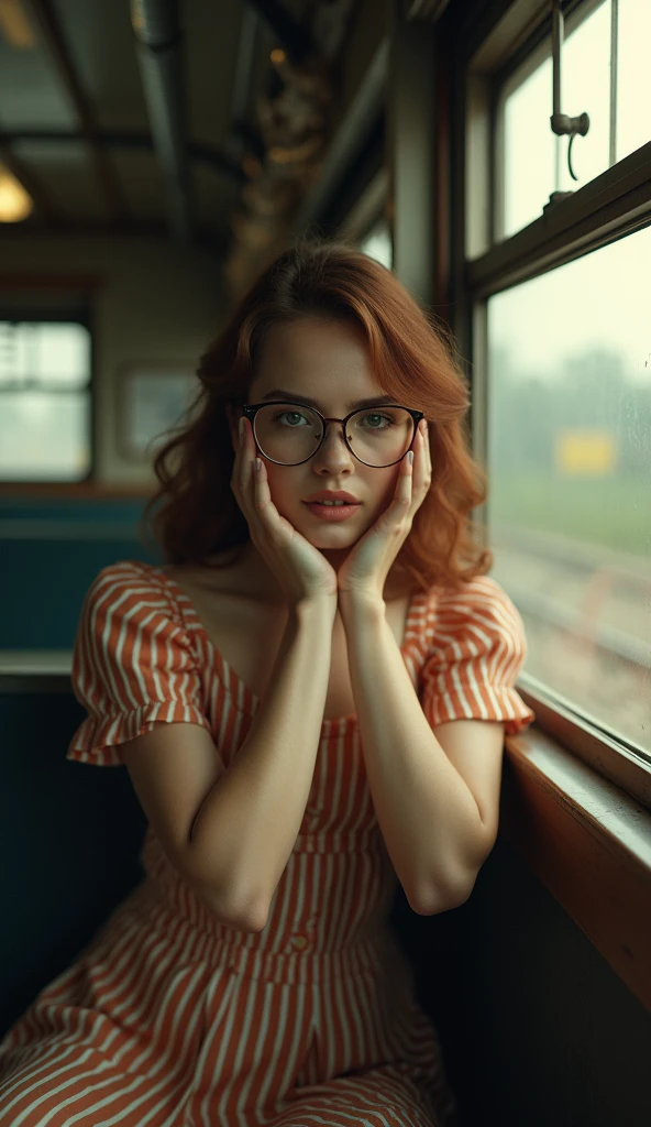 (Best quality, Ultra detailed, Golden ratio, Masterpiece:1.2), Theatrical lighting:0.7, Photo of a woman, dressed in a very elegant and pretty dress, Perfect rare face, (Highly detailed skin), randomly dyed hair, Hide your mouth with your hands、Ridicule, skin texture, Pale skin, shiny skin, (thin, large size:1.2), [:(Sharp focus on rare face, perfect eyes:1.2):0.2], photorealistic, film grain, Put one foot forward、from below looking up、look at camera、Emphasize the shoulders, Focus on face、Stockings、glasses、Smile with corners of mouth raised、disdainful expression, summer haze, muted colors, muted warm colors, Photo cinematic portrait of a woman dressed in a striped dress sitting by the window in the early morning, cinematic, (tilted:1.3) (on an old train) look cautious, standing under a spotlight, volumetric dust clouds, key light, backlight, soft natural lighting, photography Film grain ISO 400 30 mm lens RAW f1.8 aperture, highly detailed (analog photography:1), colors hdr