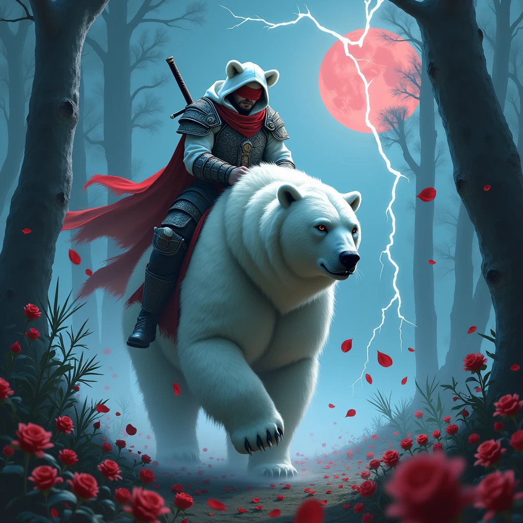 Godlike, in it a male knight with a white hood with bear ears and a katana at his back is riding a polar bear in a forest while the moon shines, many Roses cover the ground and lightning falls from the sky. The polar bear has black eyes and an aggressive appearance. Only the man wears a red blindfold. In the background of the picture is the blood moon. The forest is full of trees.