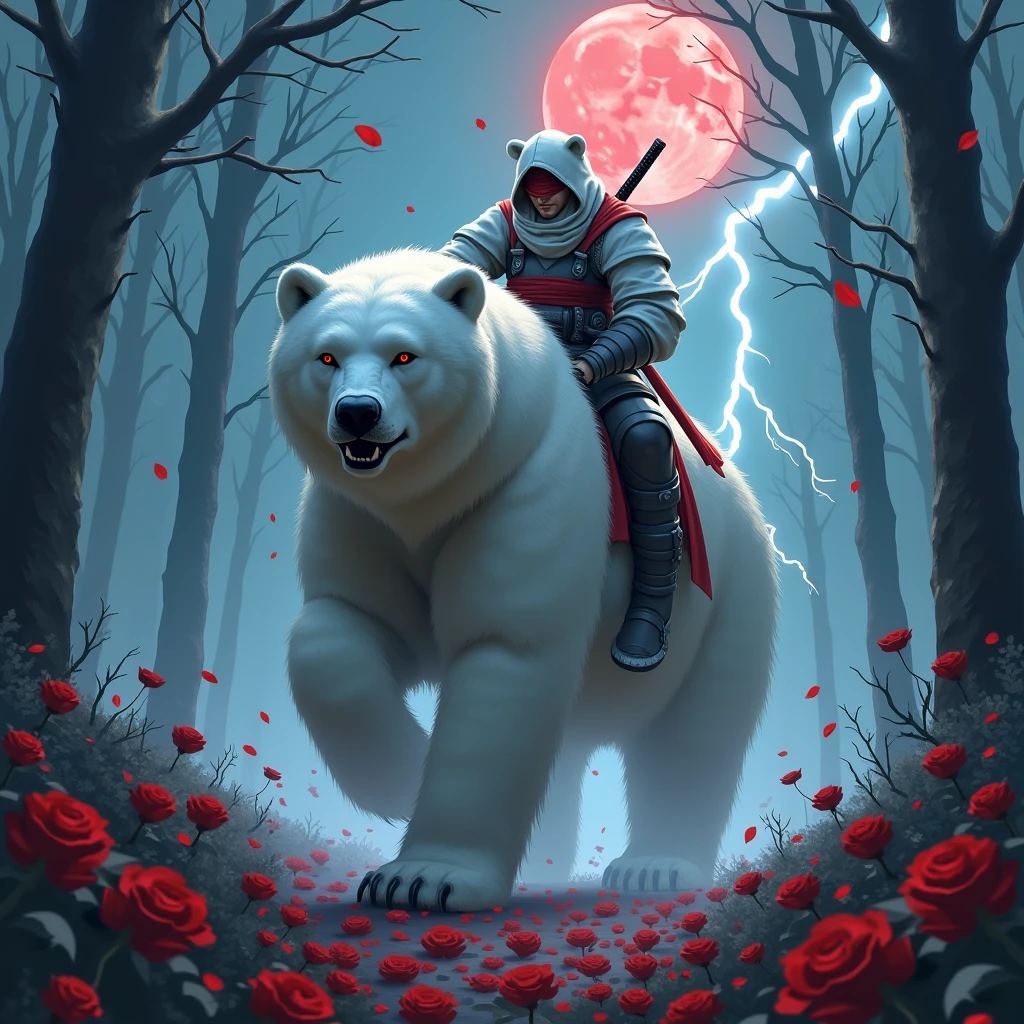 Godlike, in it a male knight with a white hood with bear ears and a katana at his back is riding a polar bear in a forest while the moon shines, many Roses cover the ground and lightning falls from the sky. The polar bear has black eyes and an aggressive appearance. Only the man wears a red blindfold. In the background of the picture is the blood moon. The forest is full of trees.