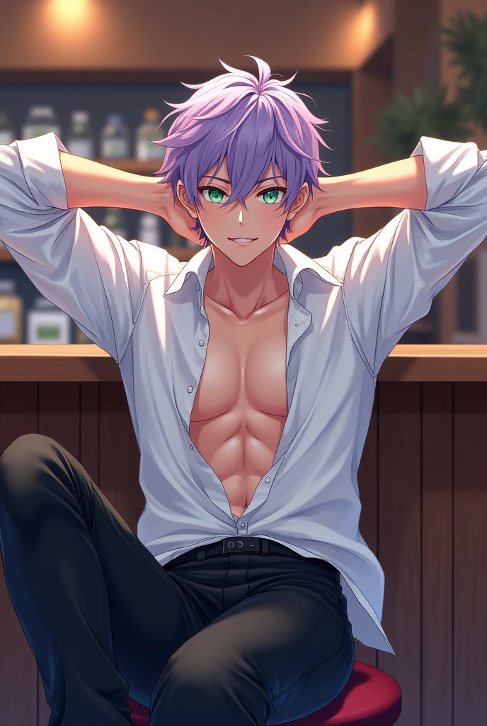 A handsome Japanese teenager. Short and messy lilac hair color. Light green eyes. tanned skin. Wears a white open shirt and black pants. elongate. Sat on a bar. Hands behind his head. Cocky. 