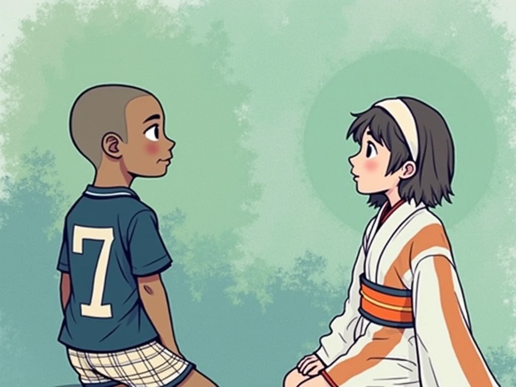 1980s retro hand drawn ink. A small black boy named Greg Burke kneeling on concrete with short close crop shaved hair, in an all-white number seven sports jersey, loose-fitting plaid cotton boxers shorts and a Japanese small girl named Ikari Yu with medium length brown hair wearing an orange stripe kimono.