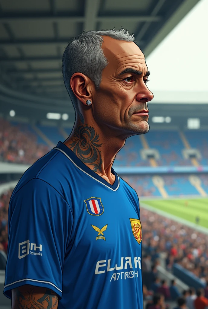 I want to illustrate the image of Javier Acosta, in the El Campin stadium with his blue millionaires shirt. Javier is a man who made the decision to undergo Eutonasia. He has expanders in his ears, arms and tattooed neck, with a thin build and a face that is haggard due to his illness.