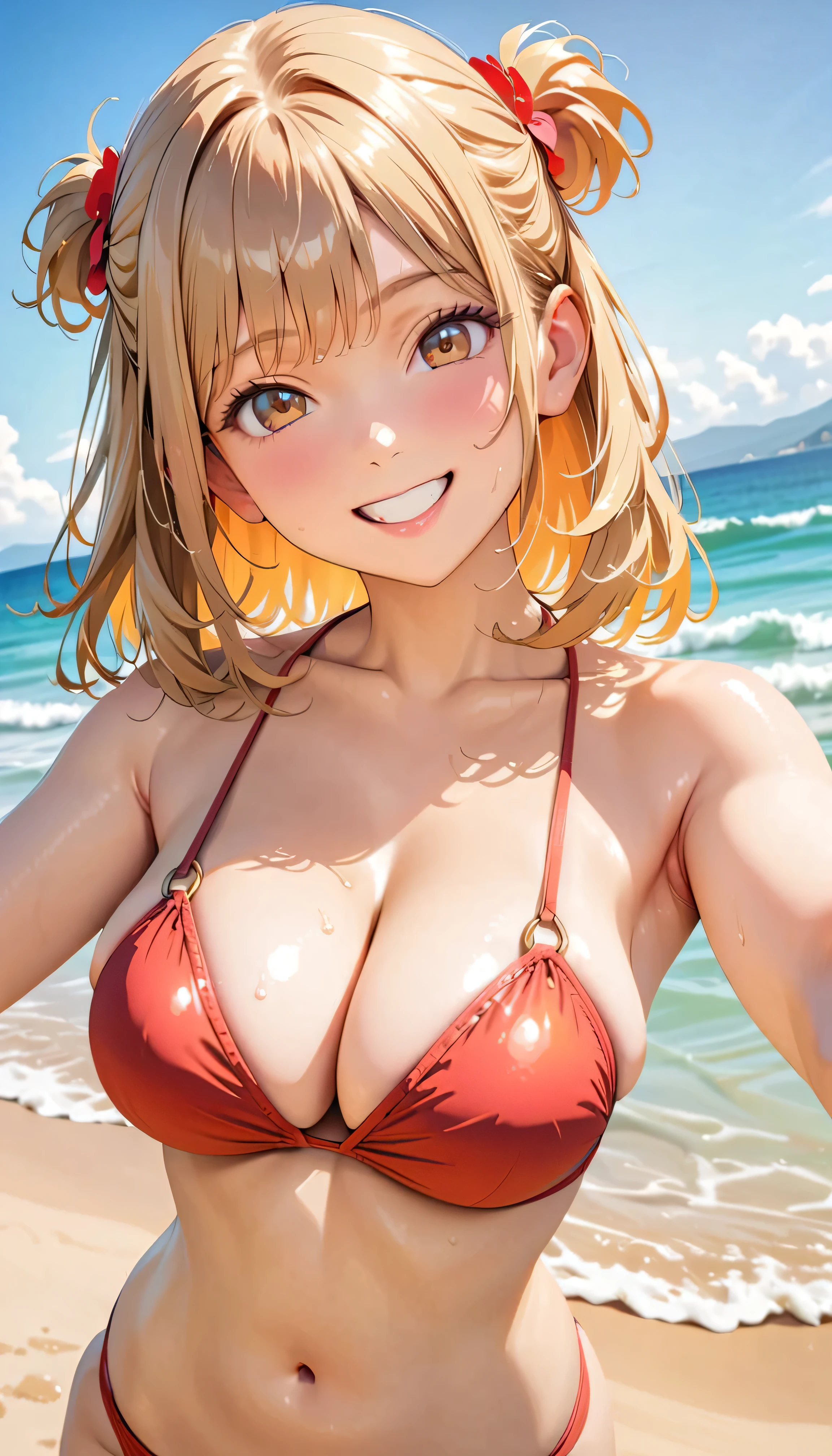 (Highest quality:1.2, Very detailed, up to date, Vibrant, masterpiece:1.2, Highest quality, Best aesthetics), smile, ((Face Up Shot:1.4)), 1980s style, 8K Ultra HD, Background Blur, smile, One Woman, Woman in bikini, Strong sunlight, Seaside, sunny, Summer sunshine, Wet Skin, Sandy Beach, Dynamic Angle, dynamic, Get excited