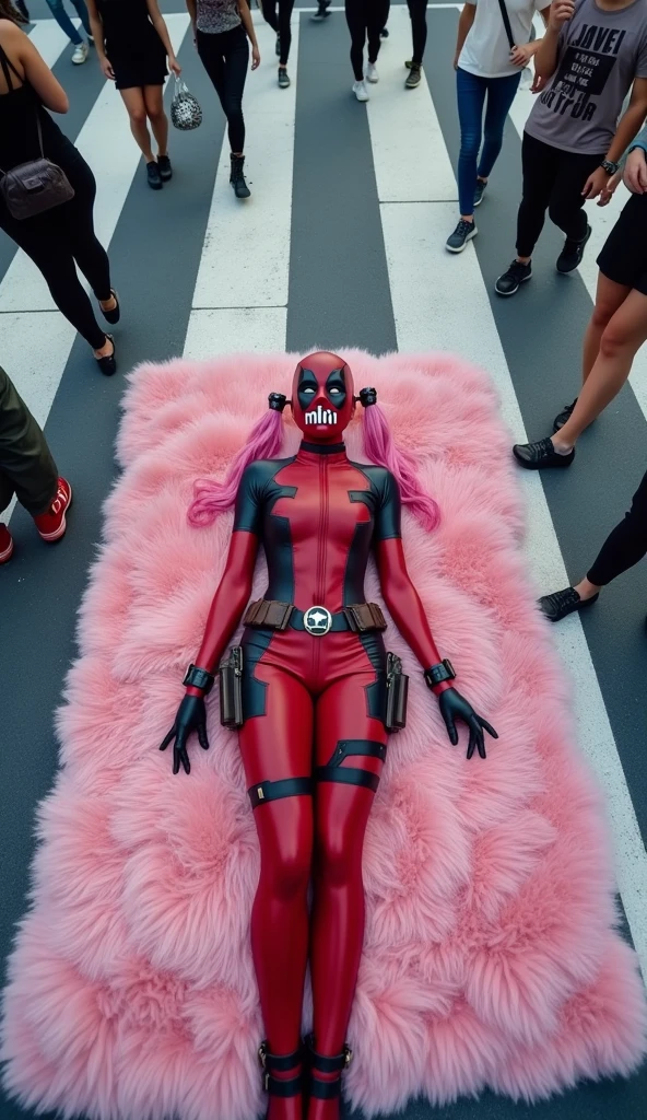 ((Highest quality)), ((masterpiece)), (photograph), ((from above)), ((40 years old)), ((Japanese women)), ((Deadpool costume and mask)), (((The word &quot;mu mi&quot; is written in white letters on the mouth.))), Deadpool woman with pink hair and twin tails, Lying on a fluffy pink bath mat at Tokyo&#39;s Scramble Crossing, Surrounded by passers-by, 