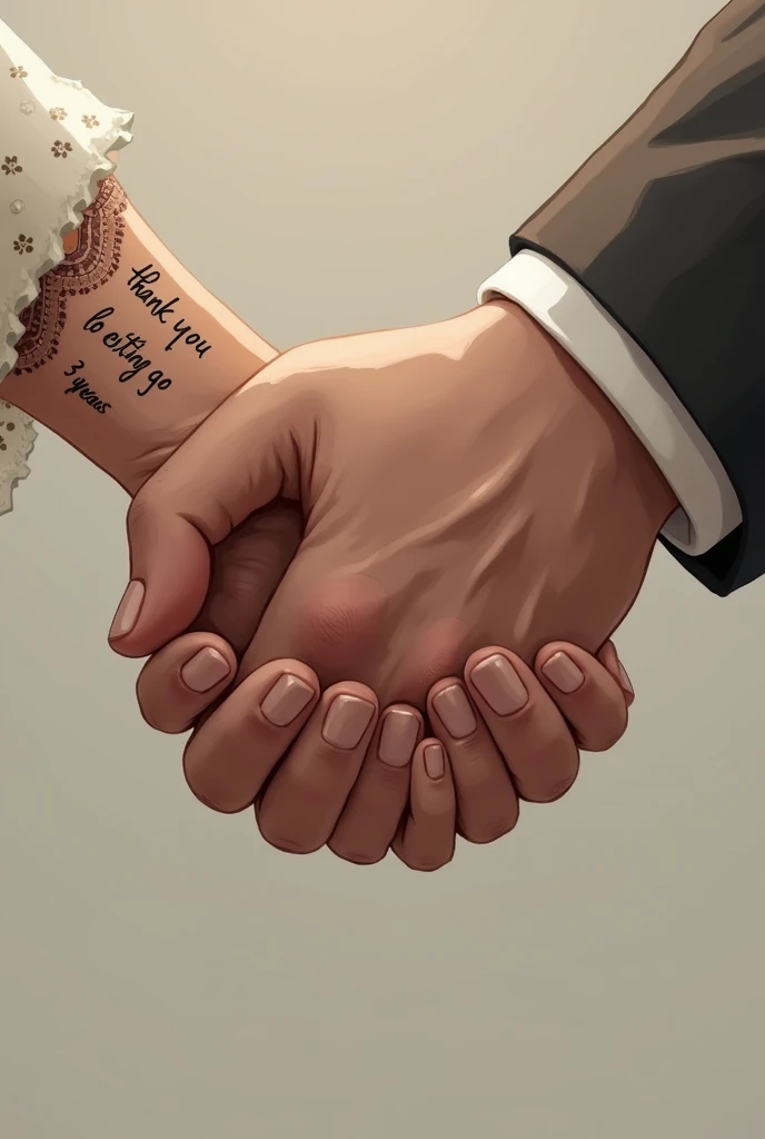 Generate an image of two hands holding (one female and one male) with the phrases "Thank you for not letting go" "3 years" Indian hands