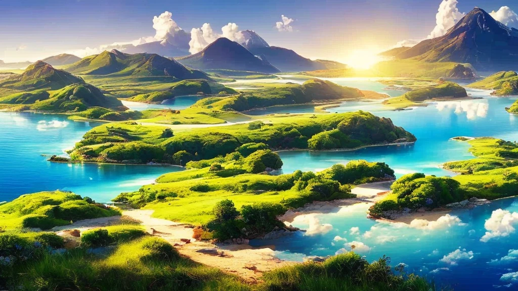 A serene morning scene featuring a vibrant, green island surrounded by a shimmering blue ocean. The soft sunlight casts a gentle glow over the landscape, with the calm sea reflecting the golden rays. The sky is a brilliant blue, dotted with fluffy white clouds, creating a peaceful and romantic atmosphere. The overall scene is tranquil, evoking a sense of calm and beauty in nature.