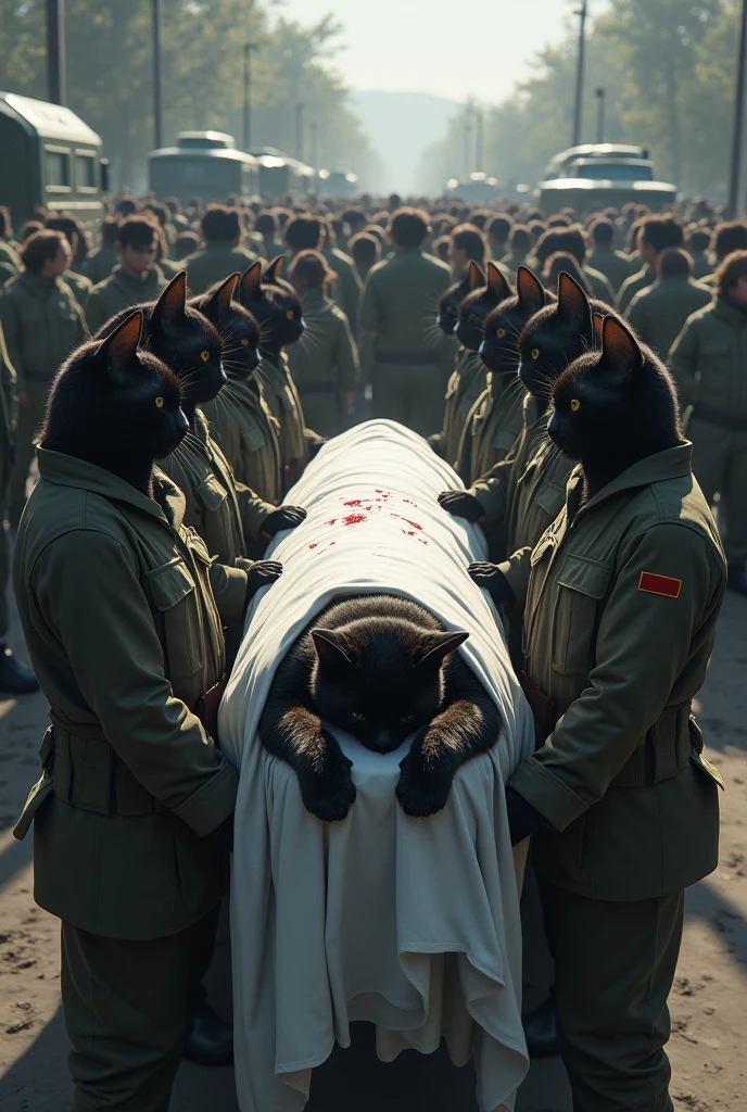 Some cat army group sadly carry the dead body of SOLIDER black cat dead body delivered to his wife at her home there are so many army vehicles and army man's standing with dead body and the dead body covered white cloth and some bloods are the white cloth