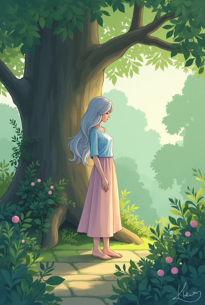 Garden of tree house in forest, A silver-haired woman wears a light blue top and a light pink three-quarter skirt。
long hair, simple background, illustration,
