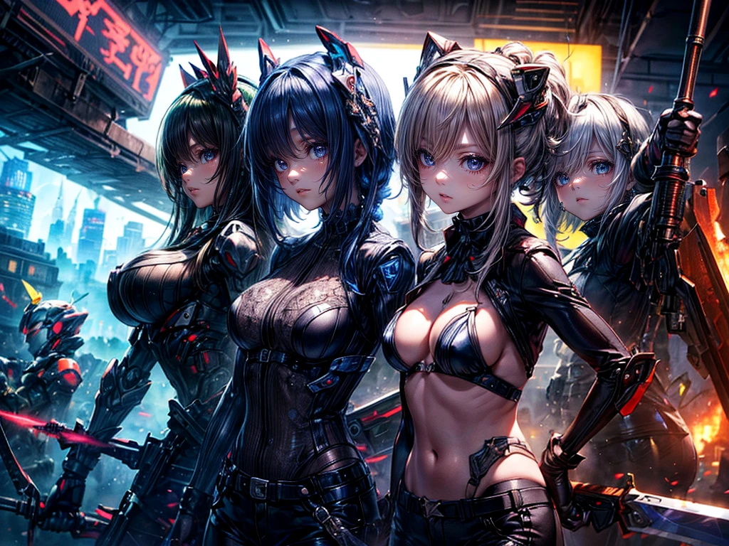 High resolution, Winner of numerous awards, Ultra high definition, Textured skin, Retina,
masterpiece,(bestquality),highlydetailed,ultra-detailed,4girl, (Four gangster girls posing with weapons.:1.4)(gangsta paradise:1.2)(robot)(cybercitylandscape:1.2,natural lighting:1.5,confidentexpression),(Dramatic Angle:1.2),mecha, smile,angle、(The upper body is in a tuxedo suit、pantyhose、Leather short pants:1.2)(Point your weapon at me:1.6)