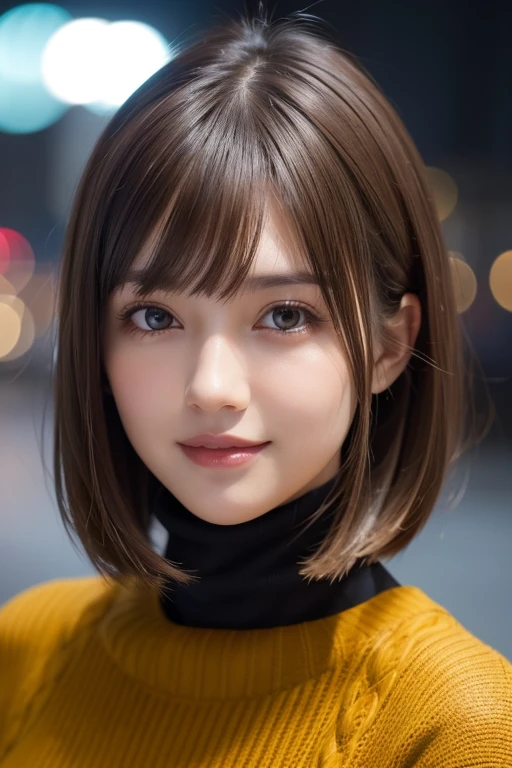 1 1 girl, (Dark yellow lightweight turtleneck sweater), RAW Photos, Highest quality, Realistic, Very delicate and beautiful, Very detailed, 8k wallpaper, High resolution, Soft Light, Very detailed目と顔, Beautiful and detailed nose, Fine and beautiful eyes, Cinema Lighting, City lights at night, Perfect Anatomy, Slender body, Shapely breasts, Straight hair, smile, Asymmetrical bangs, Light brown hair