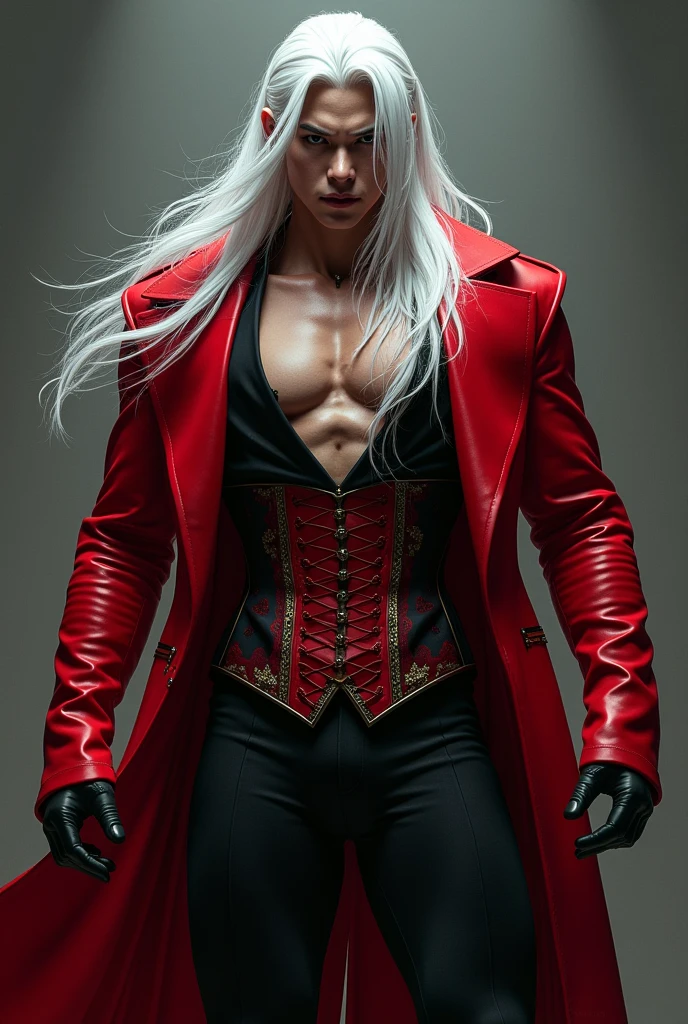 Asian man with long white hair and no beard, wide back, well-built, tall dressed in a red and black corset and a body-hugging dress suit.