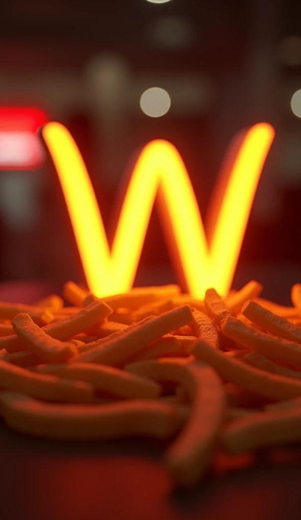 (masterpiece, best quality:1.2), (detailed, hyper-detailed, 8K HD, ultra-realistic:1.3), a scene where the "Wack" logo appears prominently on the screen. The "W" is emphasized, with a subtle silhouette of fries in the background. The overall design is simple, yet the logo and fries are visually striking. The warm lighting illuminates the scene, with the background kept minimal to allow the silhouette of the fries to softly stand out. The image is rendered in ultra-high resolution, RAW photo quality, capturing every detail with sharp clarity.