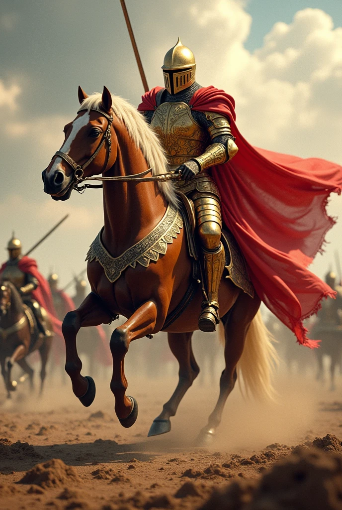 A knight in red-golden armour riding a horse while cutting down human modern soldiers