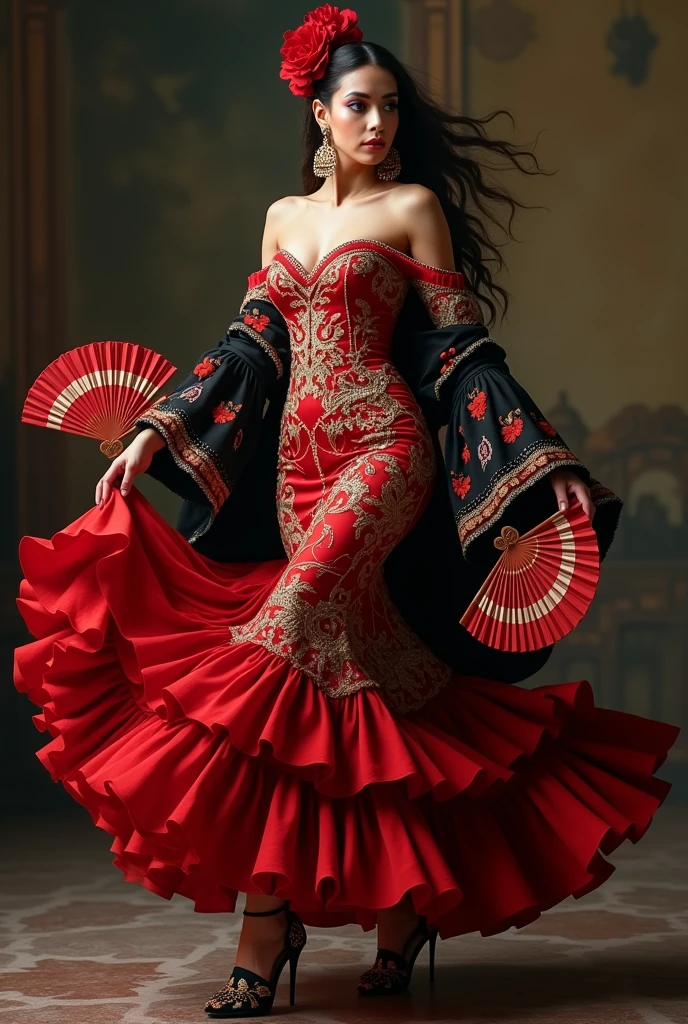 Create an image of a female character inspired by Spanish flamenco dancing, dressed in an elegant flamenco dress, beautiful curvy body, waving in the dance position. Character should be depicted as romaní beaytiful woman. Their eyes should be large and pearl gray.., with an enigmatic glow. Hair, long and wavy, It should be collected in a low bun decorated with red and white flowers... The flamenco dress should be deep red with curly ruffles that add movement when dancing... The bodice of the dress should be decorated with gold embroidery imitating intricate patterns.., with white details evoking ancient masks. Includes a black shawl with red and silver embroidery, with small details in the form of leaves. Earrings should be large and fan-shaped with red details.., y los zapatos deben ser de charol negro con tacones de madera y bordados dorados Character must hold a red fan with gold details that reveal a striped pattern, and wear a red flower in your hair. Character'Your posture and attitude should be elegant and determined.., that reflects a combination of strength and beauty, flamenco dance pose, scene that transmits energy and passion