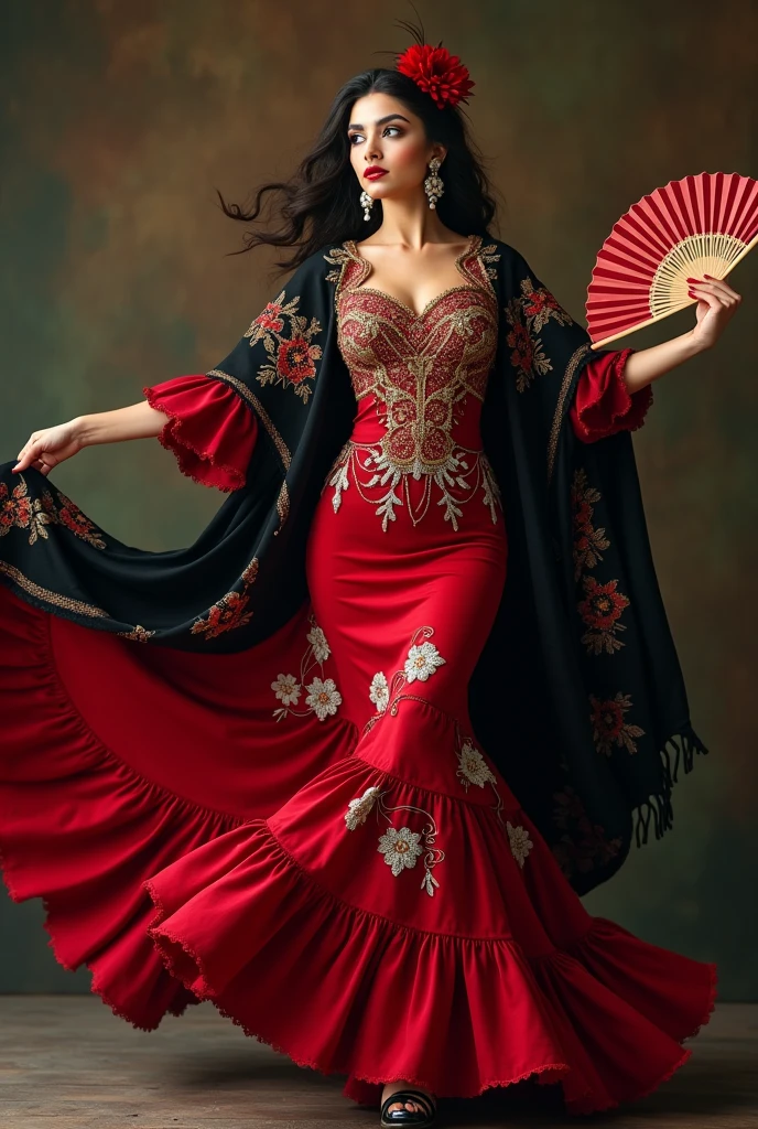 Create an image of a female character inspired by Spanish flamenco dancing, dressed in an elegant flamenco dress, beautiful curvy body, waving in the dance position. Character should be depicted as romaní beaytiful woman. Their eyes should be large and pearl gray.., with an enigmatic glow. Hair, long and wavy, It should be collected in a low bun decorated with red and white flowers... The flamenco dress should be deep red with curly ruffles that add movement when dancing... The bodice of the dress should be decorated with gold embroidery imitating intricate patterns.., with white details evoking ancient masks. Includes a black shawl with red and silver embroidery, with small details in the form of leaves. Earrings should be large and fan-shaped with red details.., y los zapatos deben ser de charol negro con tacones de madera y bordados dorados Character must hold a red fan with gold details that reveal a striped pattern, and wear a red flower in your hair. Character'Your posture and attitude should be elegant and determined.., that reflects a combination of strength and beauty, flamenco dance pose, scene that transmits energy and passion