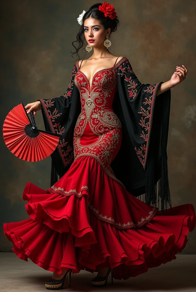 Create an image of a female character inspired by Spanish flamenco dancing, dressed in an elegant flamenco dress, beautiful curvy body, waving in the dance position. Character should be depicted as romaní beaytiful woman. Their eyes should be large and pearl gray.., with an enigmatic glow. Hair, long and wavy, It should be collected in a low bun decorated with red and white flowers... The flamenco dress should be deep red with curly ruffles that add movement when dancing... The bodice of the dress should be decorated with gold embroidery imitating intricate patterns.., with white details evoking ancient masks. Includes a black shawl with red and silver embroidery, with small details in the form of leaves. Earrings should be large and fan-shaped with red details.., y los zapatos deben ser de charol negro con tacones de madera y bordados dorados Character must hold a red fan with gold details that reveal a striped pattern, and wear a red flower in your hair. Character'Your posture and attitude should be elegant and determined.., that reflects a combination of strength and beauty, flamenco dance pose, scene that transmits energy and passion