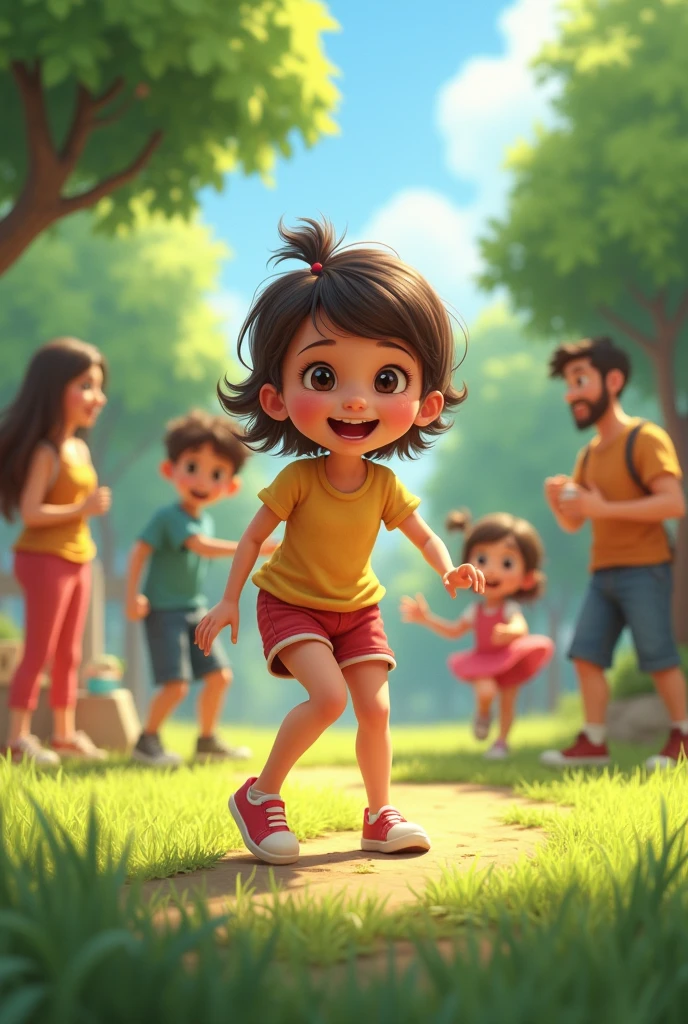 creates an image of a normal happy girl playing in the park until she accidentally drops her pants and the adults and children are left laughing