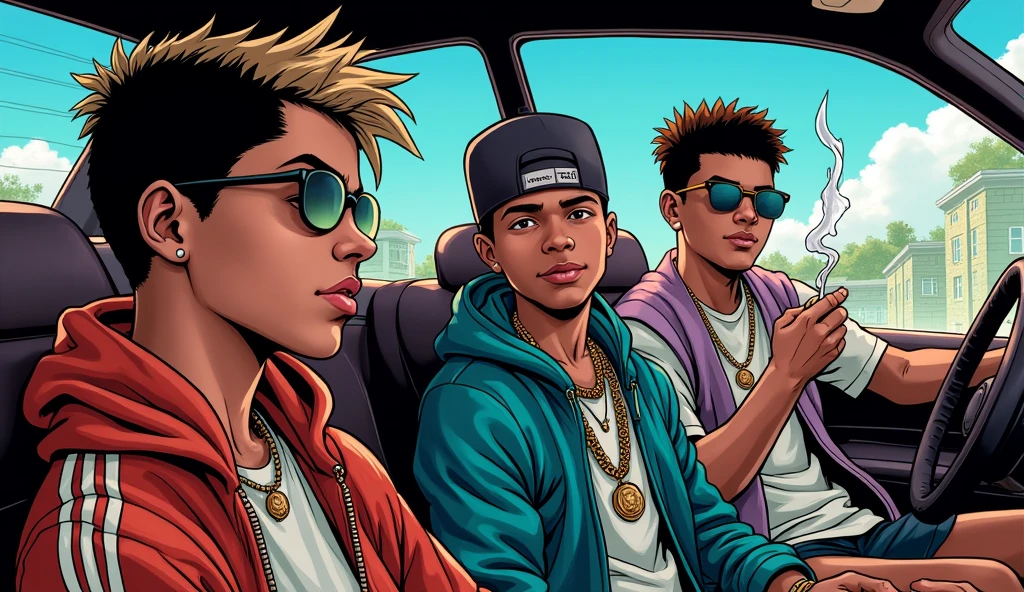 a DC comic page, they talk about tricks (conversations) , two rappers (boys) one of rapper do a mullet hair style and a sexy girl in diff car and smoking , and 90’s vibe and money