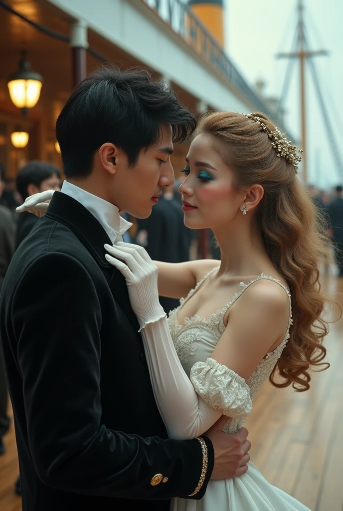 Realistlic photo of dancing couple of Titanic movie 1997 era vintage photo couple between Fictional man as Asian looking South Korean man as Kpop idol as 40 years old and wearing black outfit as France Sun king Louis XVI era outfit and is dancing couple of titanic ship with White European Estonian young adult 2 and 167 cm girl kärt with wearing dyed dull blonde very long thick hair , have arched brown natural eyebrows , have square shaped face , have low cheekbones , have oily skin , have narrow upper lips , have lighted earth blue eyes and is wearing mermaid makeup with blue smokey eyeshadow and pink lipgloss in lips and is wearing White Moon minidress and white gloves