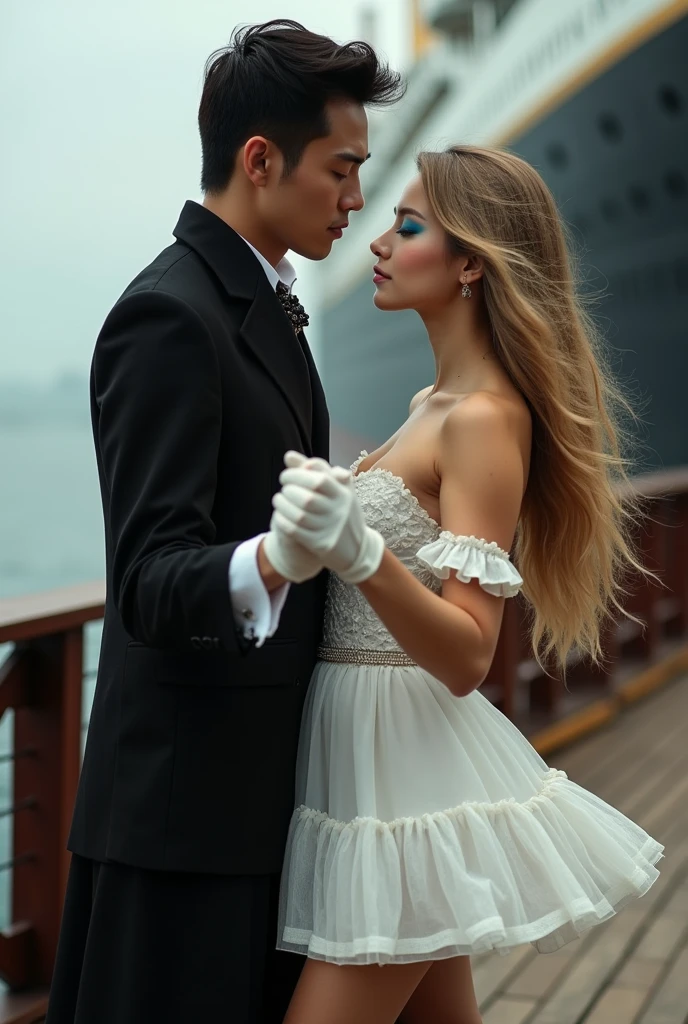 Realistlic photo of dancing couple of Titanic movie 1997 era vintage photo couple between Fictional man as Asian looking South Korean man as Kpop idol as 40 years old and wearing black outfit as France Sun king Louis XVI era outfit and is dancing couple of titanic ship with White European Estonian young adult 2 and 167 cm girl kärt with wearing dyed dull blonde very long thick hair , have arched brown natural eyebrows , have square shaped face , have low cheekbones , have oily skin , have narrow upper lips , have lighted earth blue eyes and is wearing mermaid makeup with blue smokey eyeshadow and pink lipgloss in lips and is wearing White Moon minidress and white gloves