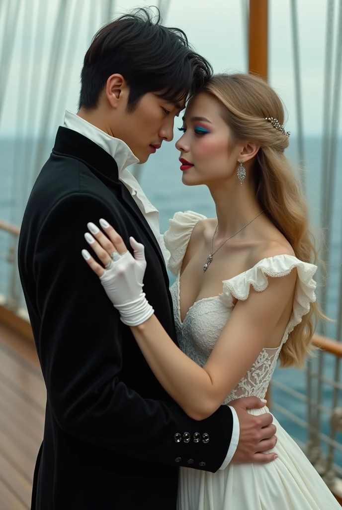 Realistlic photo of dancing couple of Titanic movie 1997 era vintage photo couple between Fictional man as Asian looking South Korean man as Kpop idol as 40 years old and wearing black outfit as France Sun king Louis XVI era outfit and is dancing couple of titanic ship with White European Estonian young adult 2 and 167 cm girl kärt with wearing dyed dull blonde very long thick hair , have arched brown natural eyebrows , have square shaped face , have low cheekbones , have oily skin , have narrow upper lips , have lighted earth blue eyes and is wearing mermaid makeup with blue smokey eyeshadow and pink lipgloss in lips and is wearing White Moon minidress and white gloves