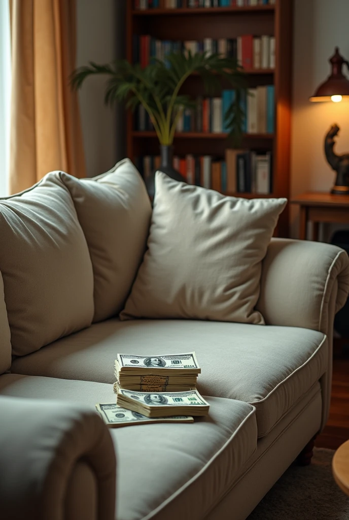 Create a photo of a sofa in an apartment and place a " K + 7" of 100 notes, create this image as if it was taken by a bad cell phone
