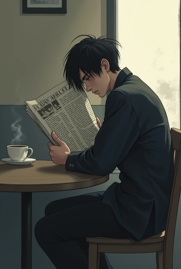 A lonely character at a table: You can draw one of the characters sitting alone at a table in a cafe or restaurant., with a cup of coffee and a newspaper. The focus would be on the character's expression of loneliness and reflection., without the need for complex details in the environment.