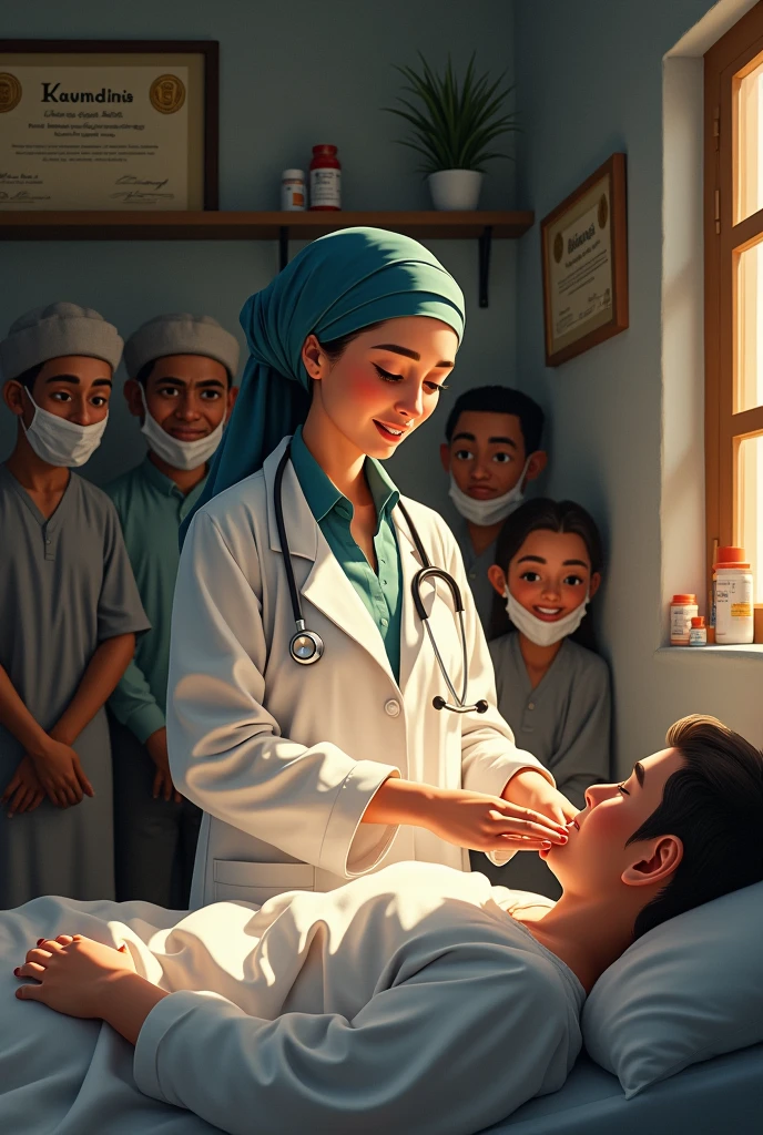 Ramin, now a respected doctor in her village, humbly treating a patient in her clinic, surrounded by the grateful faces of villagers whose lives she has touched."