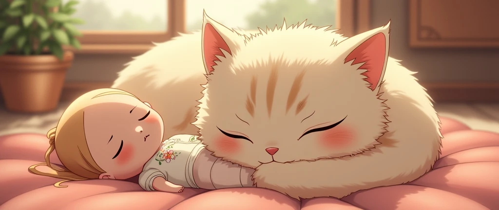 Anime ,masterpiece,best quality, Kawaii A Cat Sleeping with a doll, Studio Ghibli Inspired