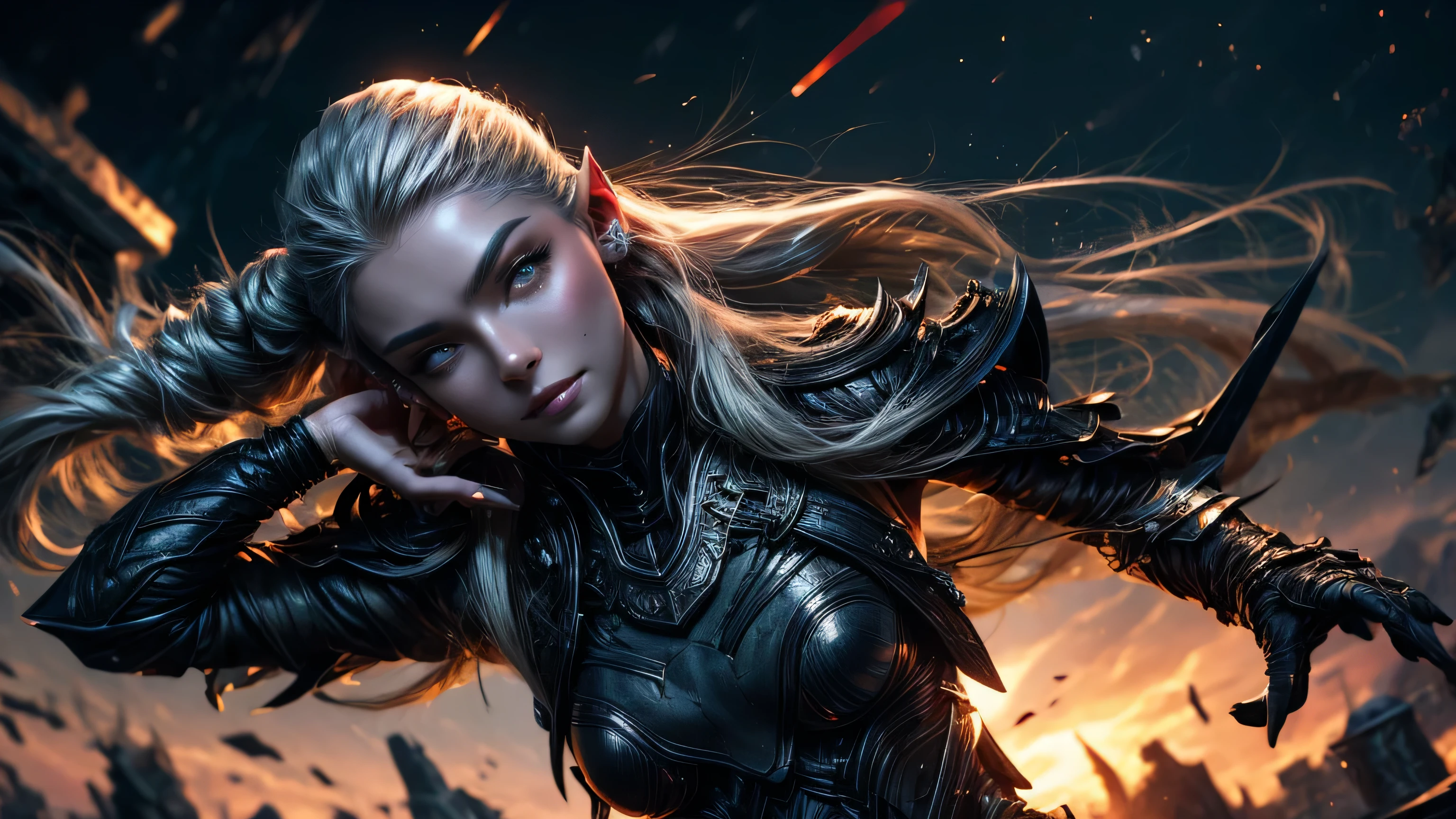 World of warcraft, drainei female, paladine, full armor, full body, slender, lean with defined muscles, 21years, wearing fancy leather clothes, pale white skin, silver hair, braided ponytail, (perfect ears), hair behind ear, long hair, very long hair, undercut, mismatched sclera, half-closed eyes, glaring, longeyelashes, solid circle eyes, amber eyes, pointy ears, evil smile, seductive smile, fantasy art, Realism, Op art, Cubist Futurism, optical illusion, backlighting, cinematic lighting, depth of field, gray flat solid background, front view, first-person view, Eye-Level Shot, f/1.8, 135mm, Fujifilm, Sony FE GM, masterpiece, anatomically correct, super detail, textured skin, UHD, studio photo.