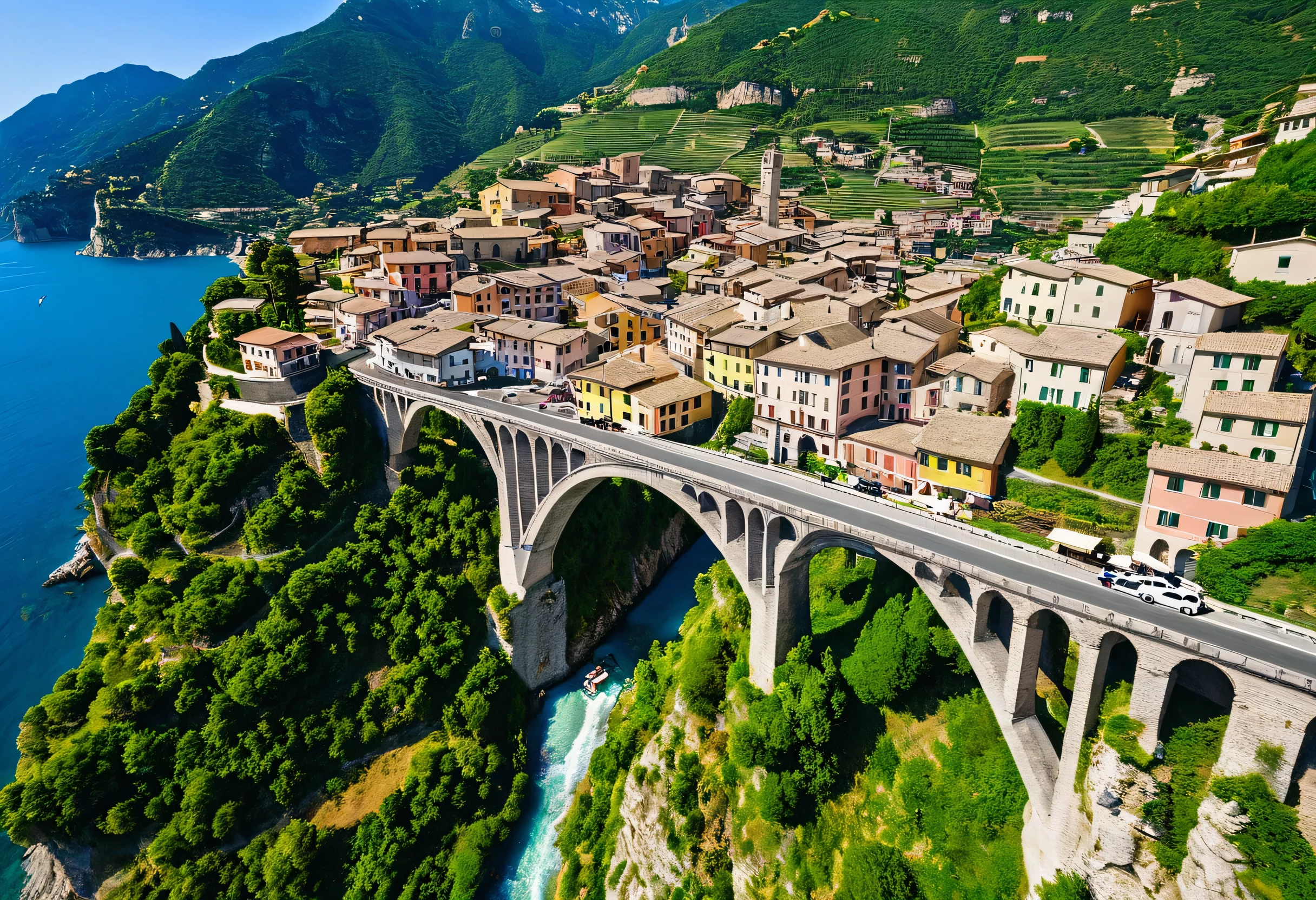 Aerial view of a town with bridge and mountains, Five Earths, Mediterranean cities in Italy, Italy, Town on the Cliff, 4k drone photography, Color aerial photography drone, instagram photos, amazing views, Very realistic. Live Camera, Clifftop village, aerial photograph, HDaerial photograph, Realistic photos of the town, Drone View, colorful city