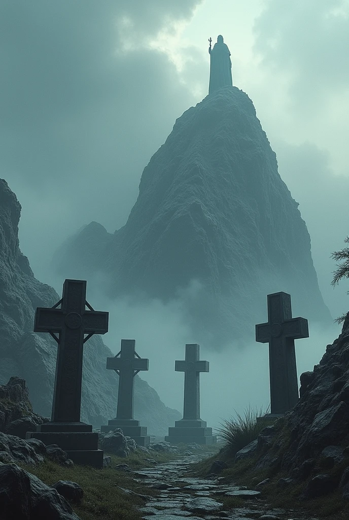 Three grave yard on top of a mountain while zeus is looking from the sky with a dark mysterious figure watching