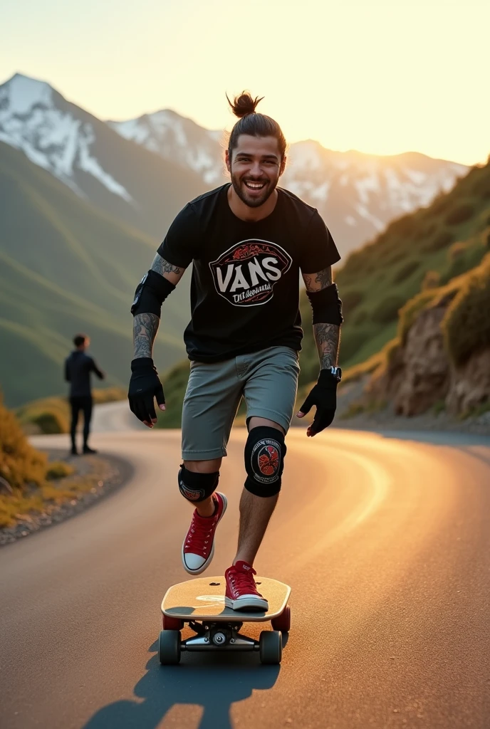 An adrenaline-filled shot of a Korean man with man bun hair covered in tattoos on his arms, confidently riding a skateboard down a winding mountain road, framed by the golden light of the setting sun. He is wearing a black t-shirt with a vintage VAN logo on his chest and a bag on his back, and casual shorts and use red converse shoes. The man smiles warmly at the camera, his hands protected by black gloves, adding a personal touch to the thrilling scene. He also wears knee and elbow pads, ensuring safety as he navigates the turns with ease. The background features rolling green hills and snow-capped mountains in the distance, creating a stunning contrast to the rider’s dynamic movements, amplifying the excitement. In the distance, another figure is visible, adding depth to the scene. The image exudes the thrill of downhill skateboarding, the beauty of the natural scenery, and the fearless energy of the rider, with an Instagram-worthy atmosphere.