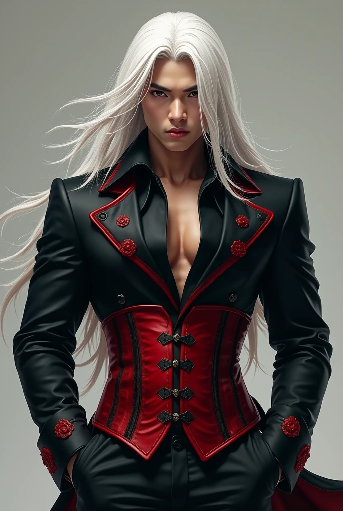 Asian man with long white hair and no beard, wide back, well-built, tall dressed in a red and black corset and a body-hugging dress suit. Looking at each other head on.